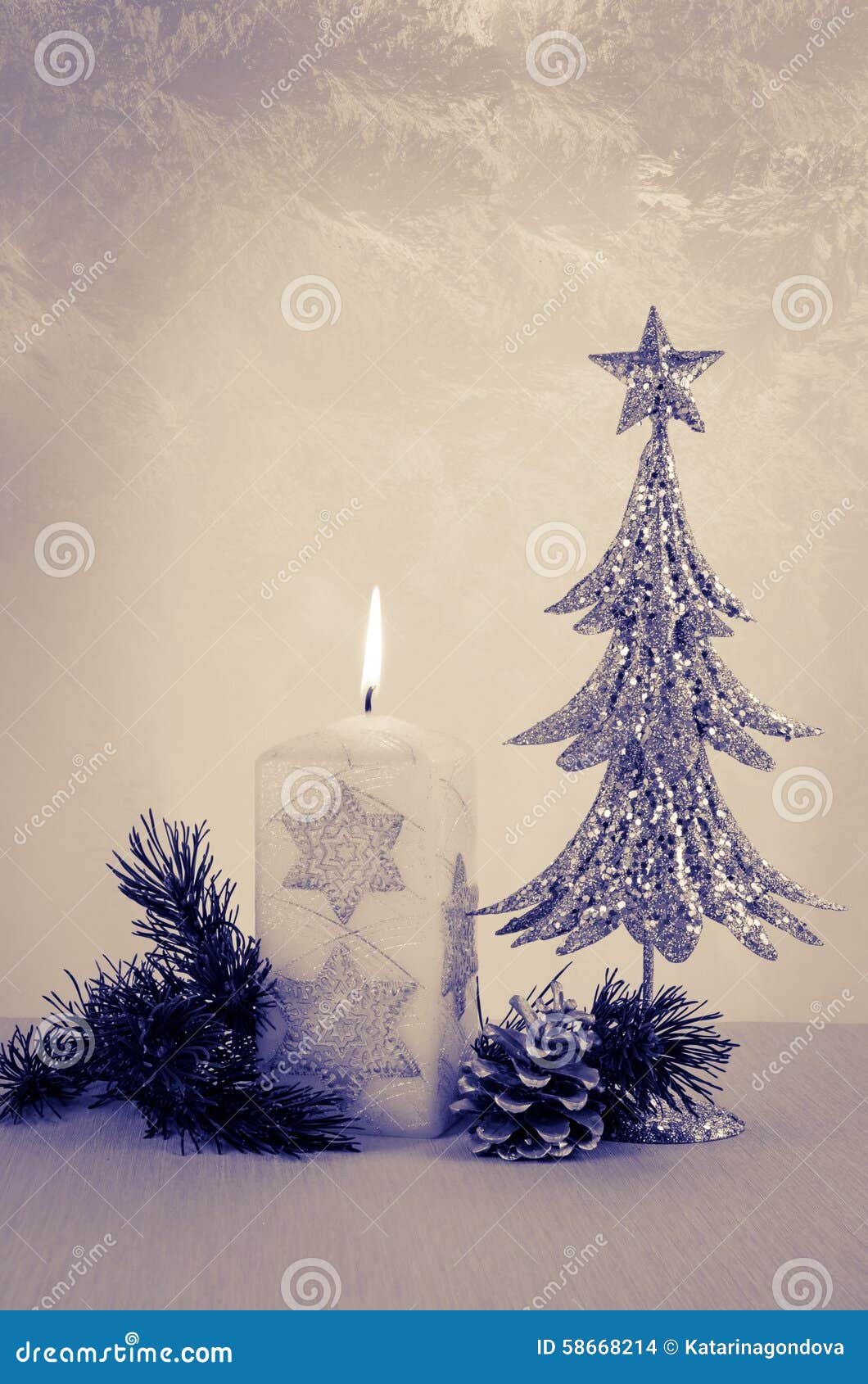 Silver Christmas Tree and Candle Stock Photo Image of xmas