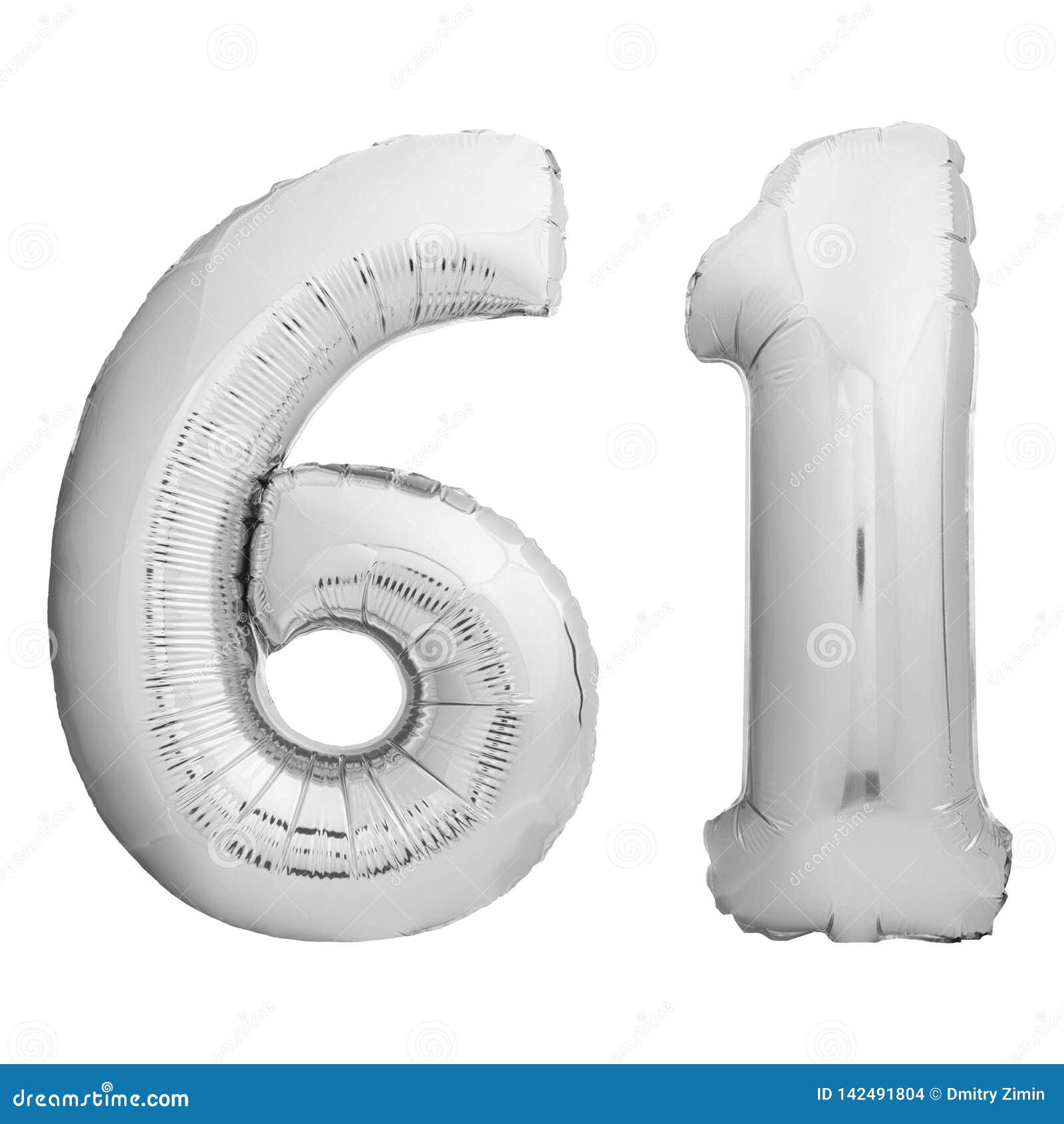 silver chrome number 61 sixty one made of inflatable balloon  on white