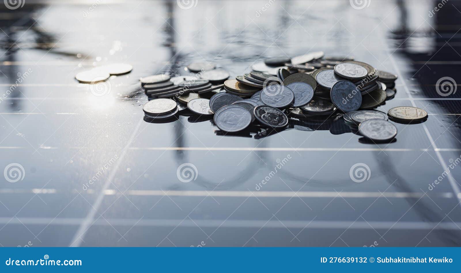 Silver Coins on the Solar Panel Help Store Solar Energy Stock Photo