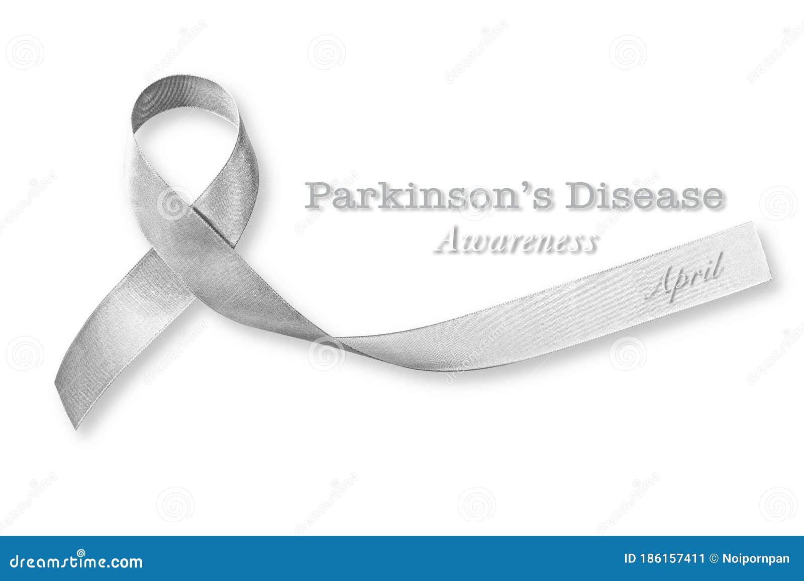 silver color ribbon  on white background clipping path for parkinson`s disease awareness and brain cancer tumor illness