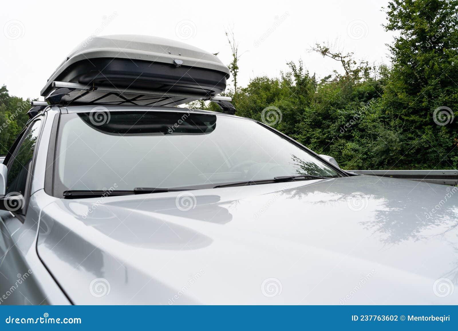 Silver Colored Car with Roof Box during a Trip Stock Photo Image of