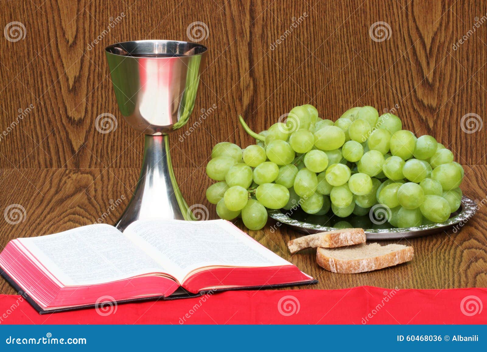 Silver Cup , Bread, Grapes on Red Background Stock Photo Image of