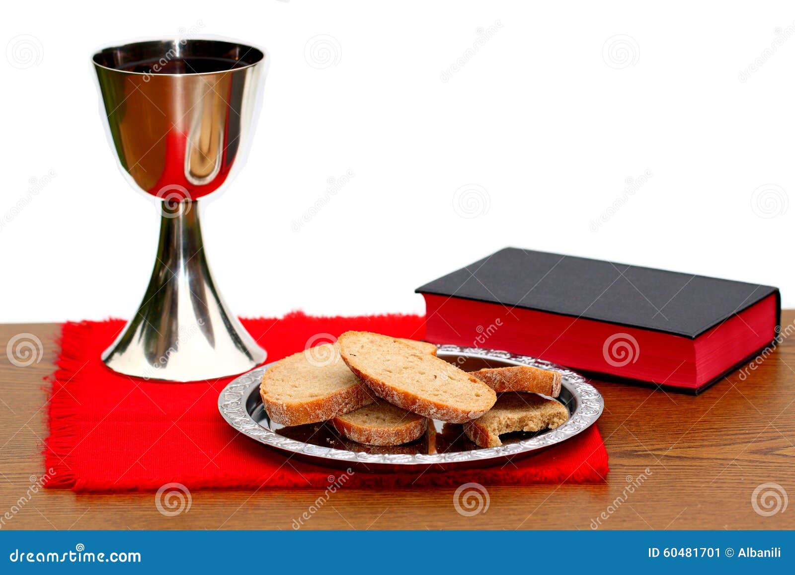 Silver Cup , Bread, Grapes on Red Background Stock Image Image of