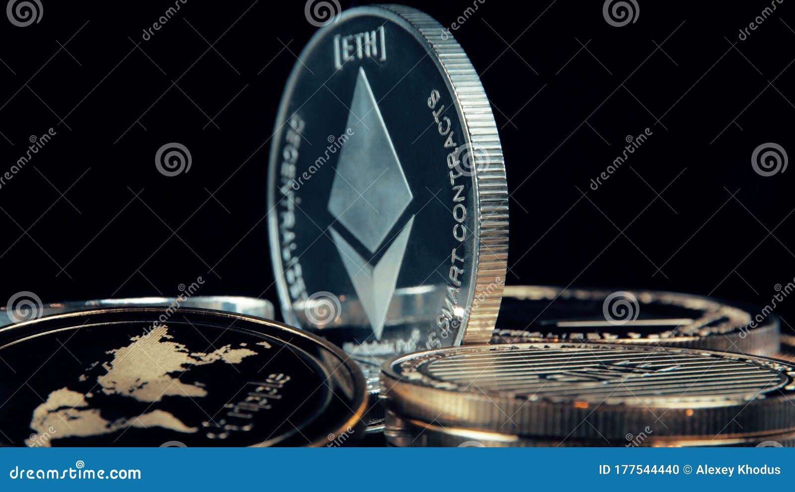 SIlver Ethereum Coin on Black Background. Silver Crypto Coin on Spinning  Stand. Editorial Image - Image of investing, digital: 177544440