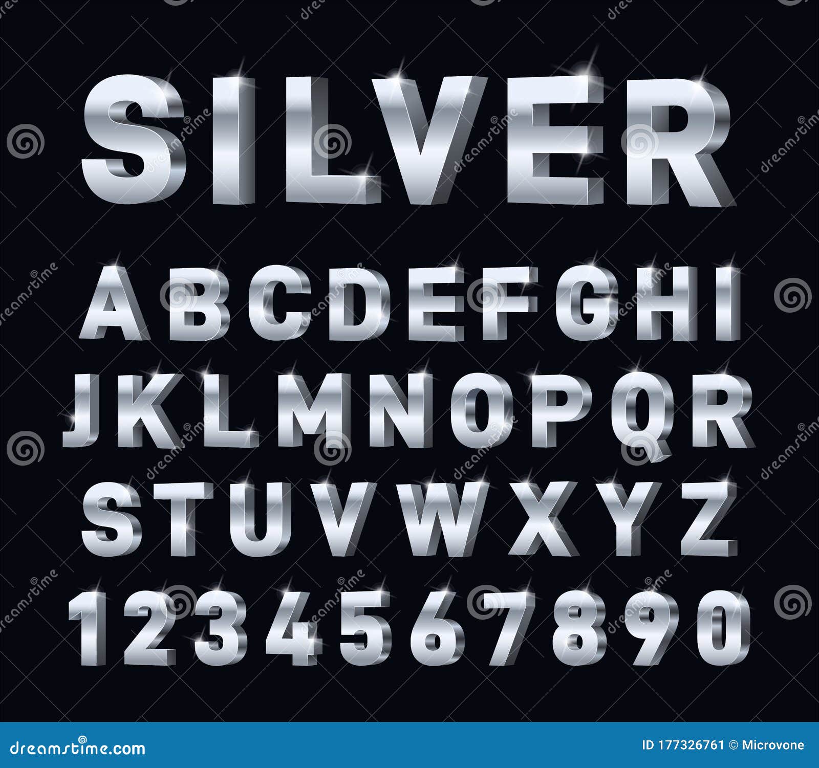 Silver Font. 3d Steel Chrome Alphabet. Metal Letters and Numbers