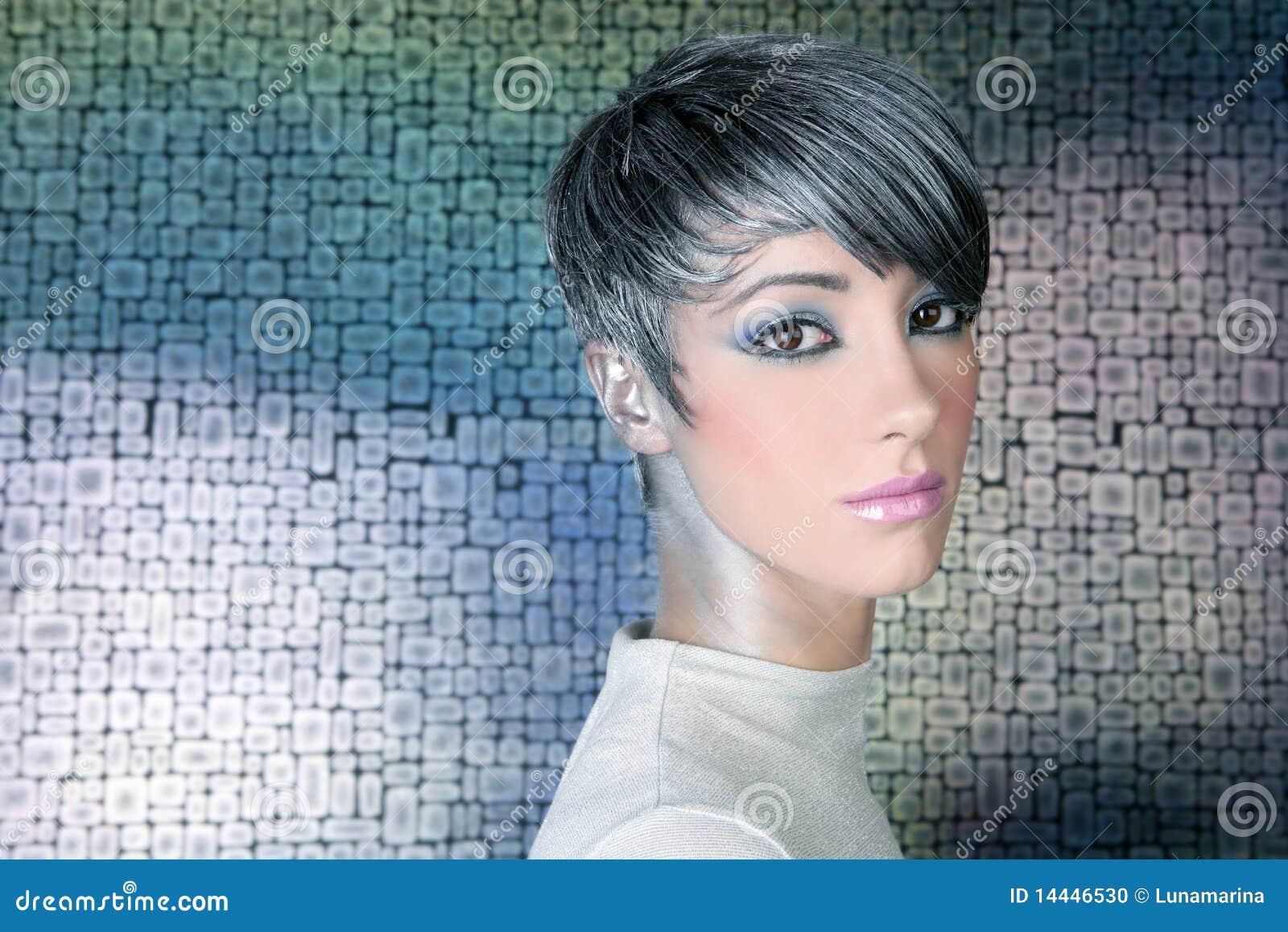 Silver Futuristic Hairstyle Makeup Portrait Stock Photo 