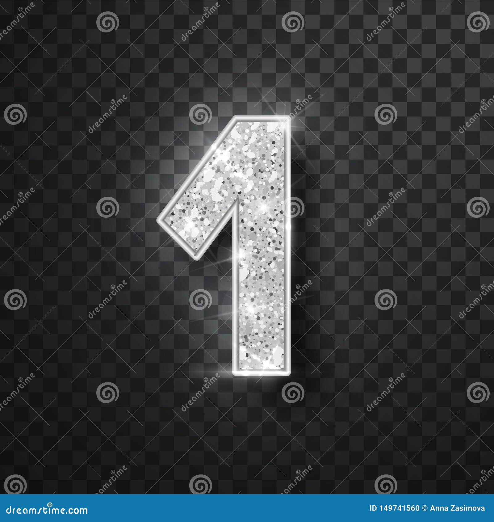 Silver Glitter Alphabet Numbers 1 With Shadow. Vector Realistick