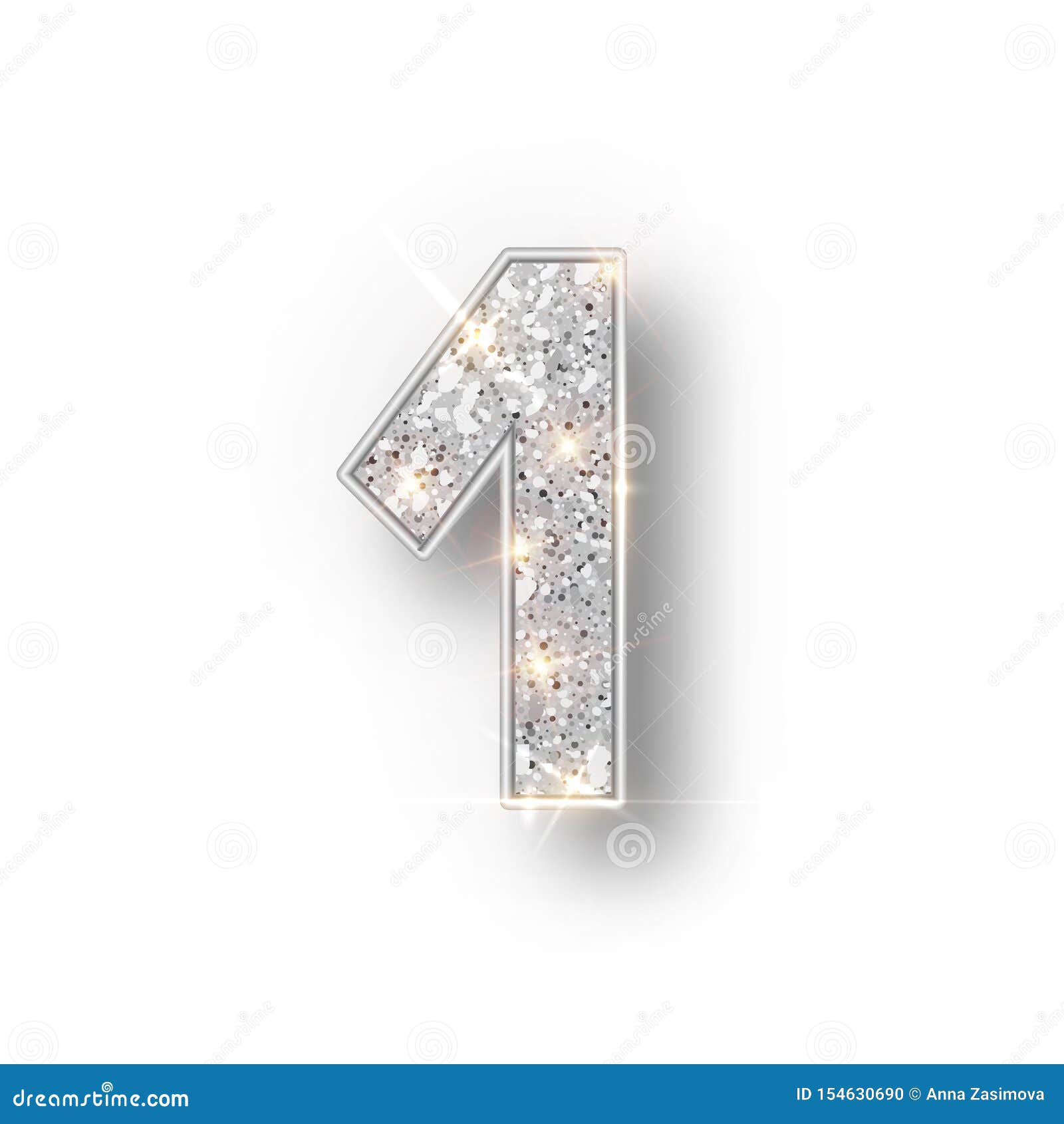 Silver Glitter Alphabet Numbers 1 with Shadow. Vector Realistick