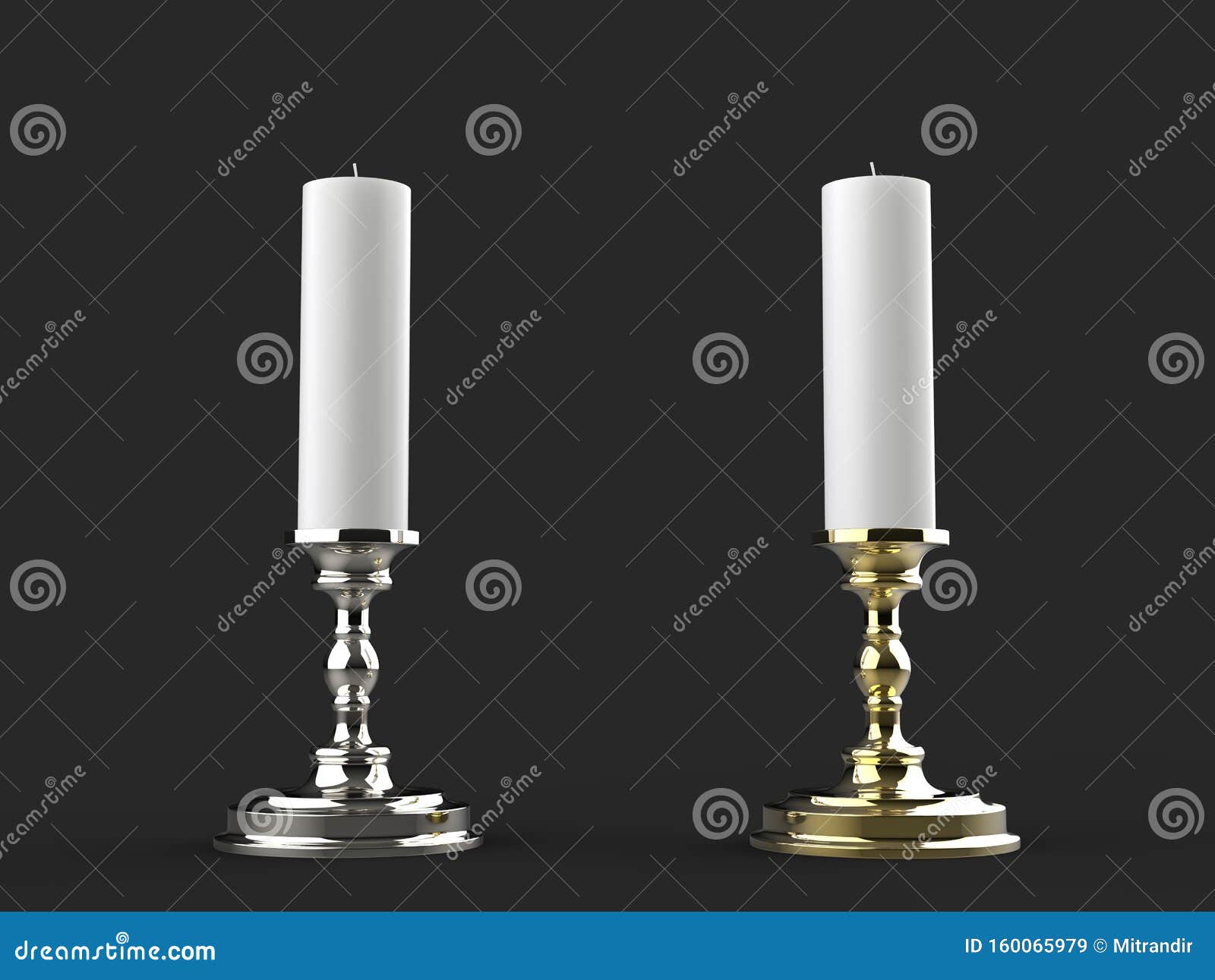 Silver and Gold Candle Holders with White Wax Candles Stock