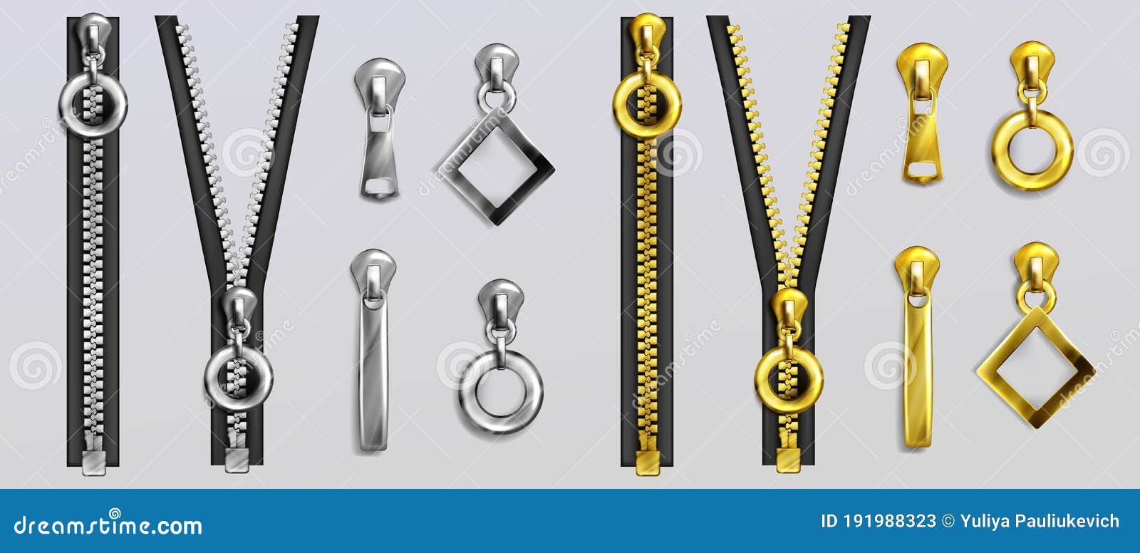 Silver And Gold Zippers With Pullers Vector Illustration
