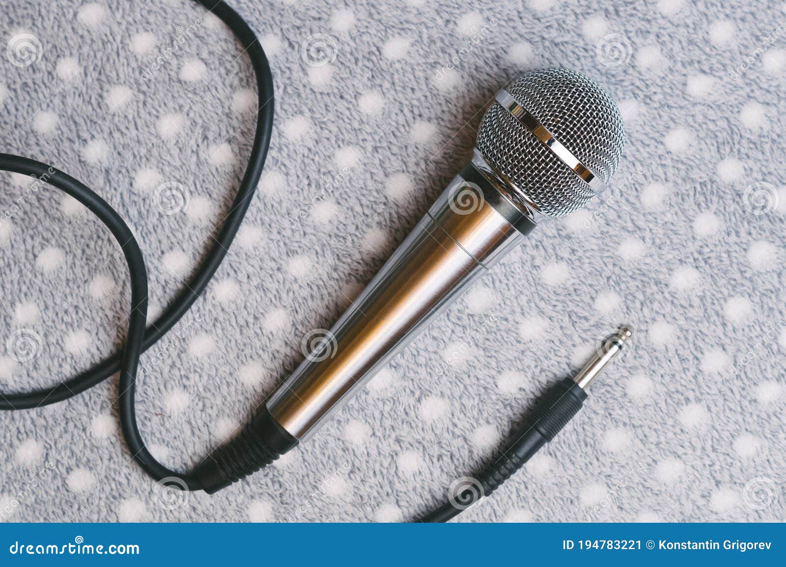 Silver Handheld Ball Head Microphone, Flat Lay. Dynamic Vocal