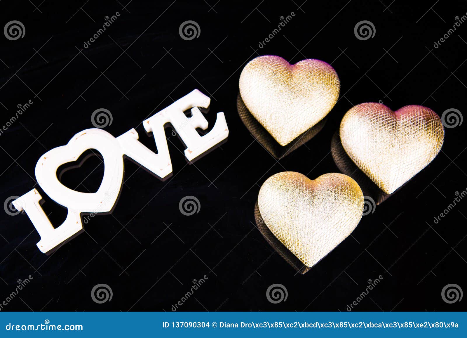 Silver Hearts on a Black Background with the Words Love for Valentine`s ...