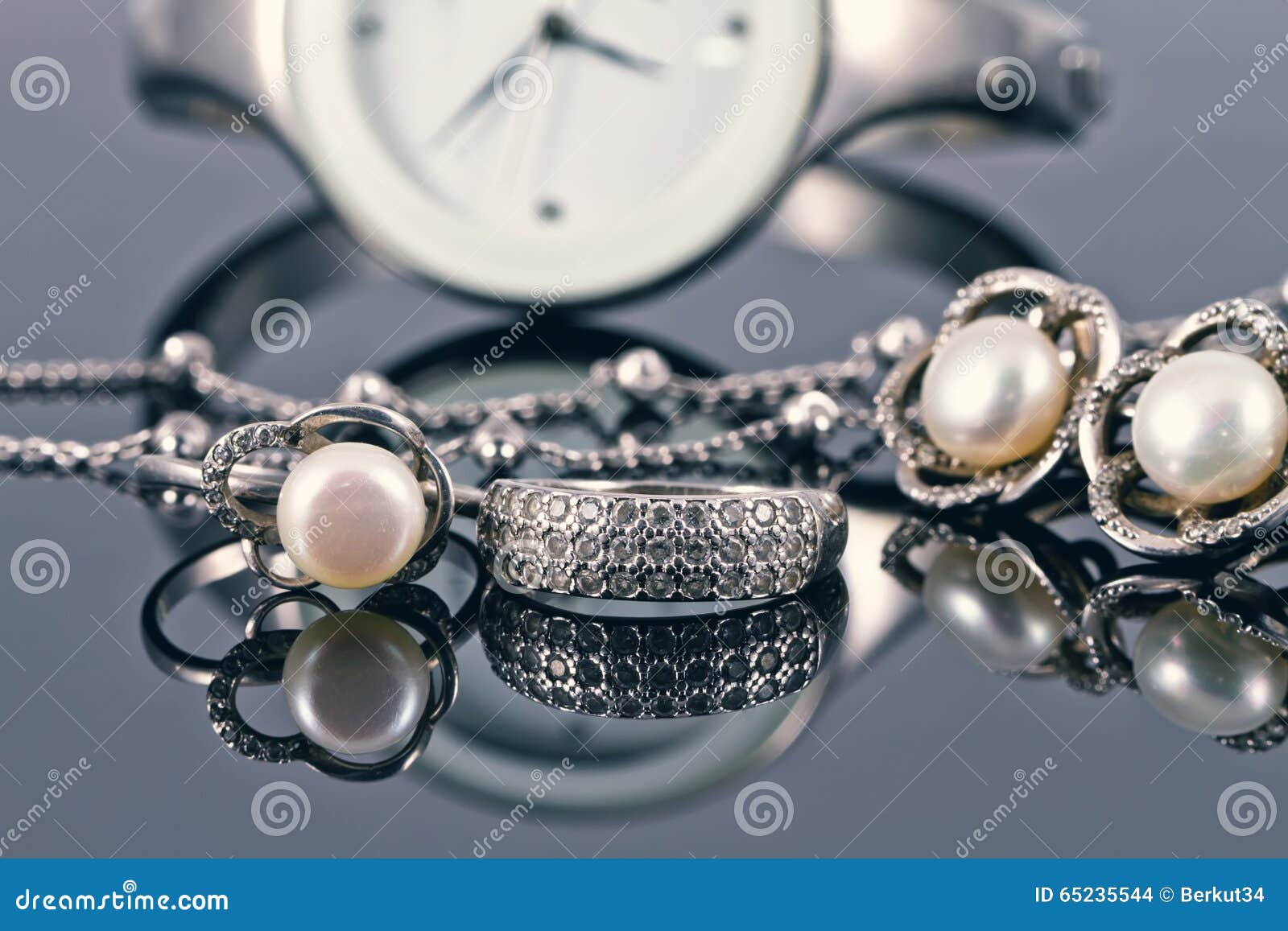 Silver Jewelry with Pearls and Elegant Women S Watches Stock Photo ...