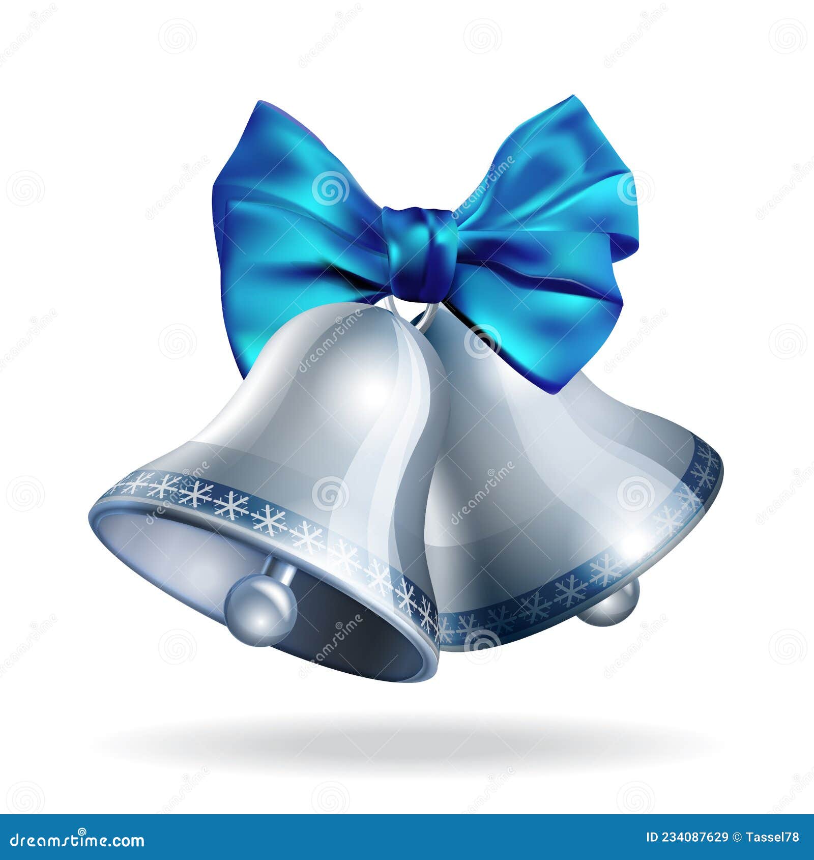 Silver Jingle Bells with Blue Bow Isolated on White. Stock Vector