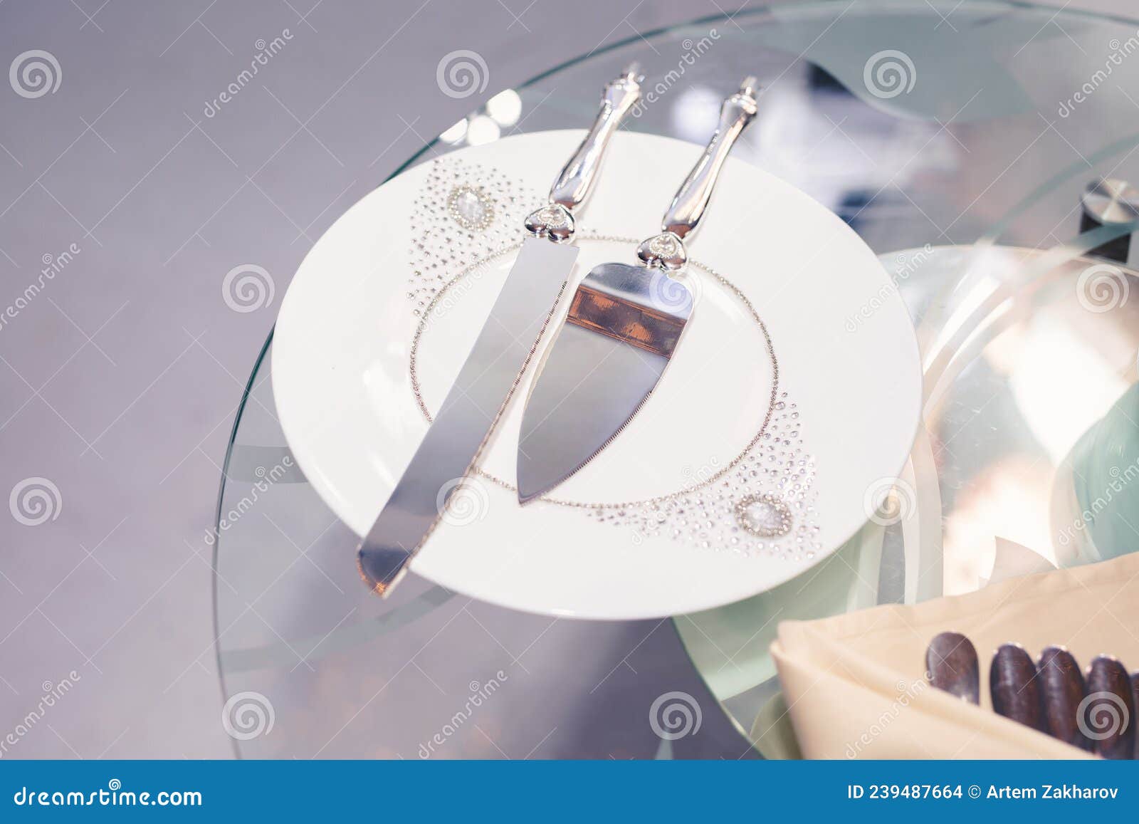 Silver Knife and Spatula for Cutting Wedding Cake Stock Photo Image