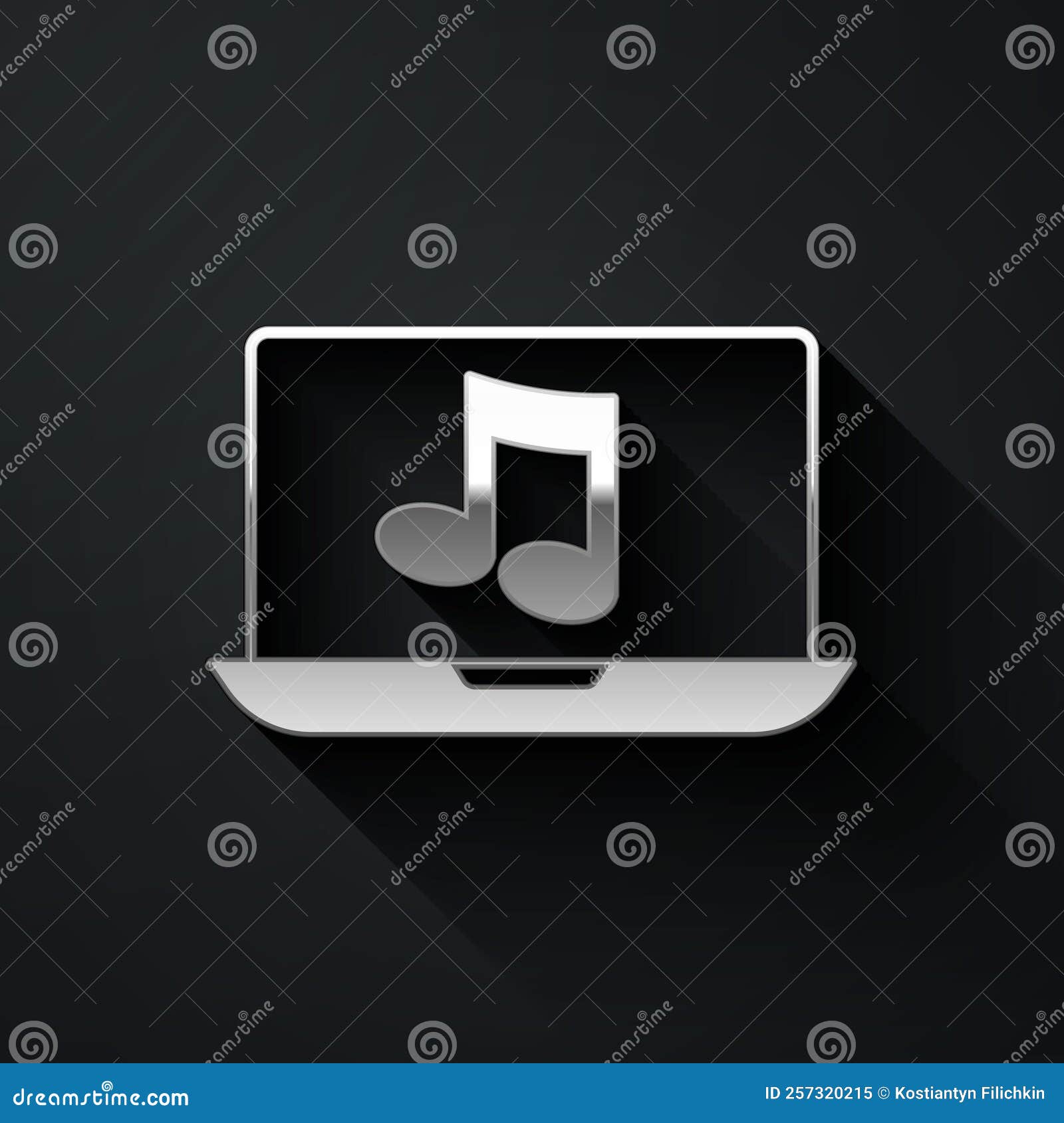 Silver Laptop with Music Note Symbol on Screen Icon Isolated on Black