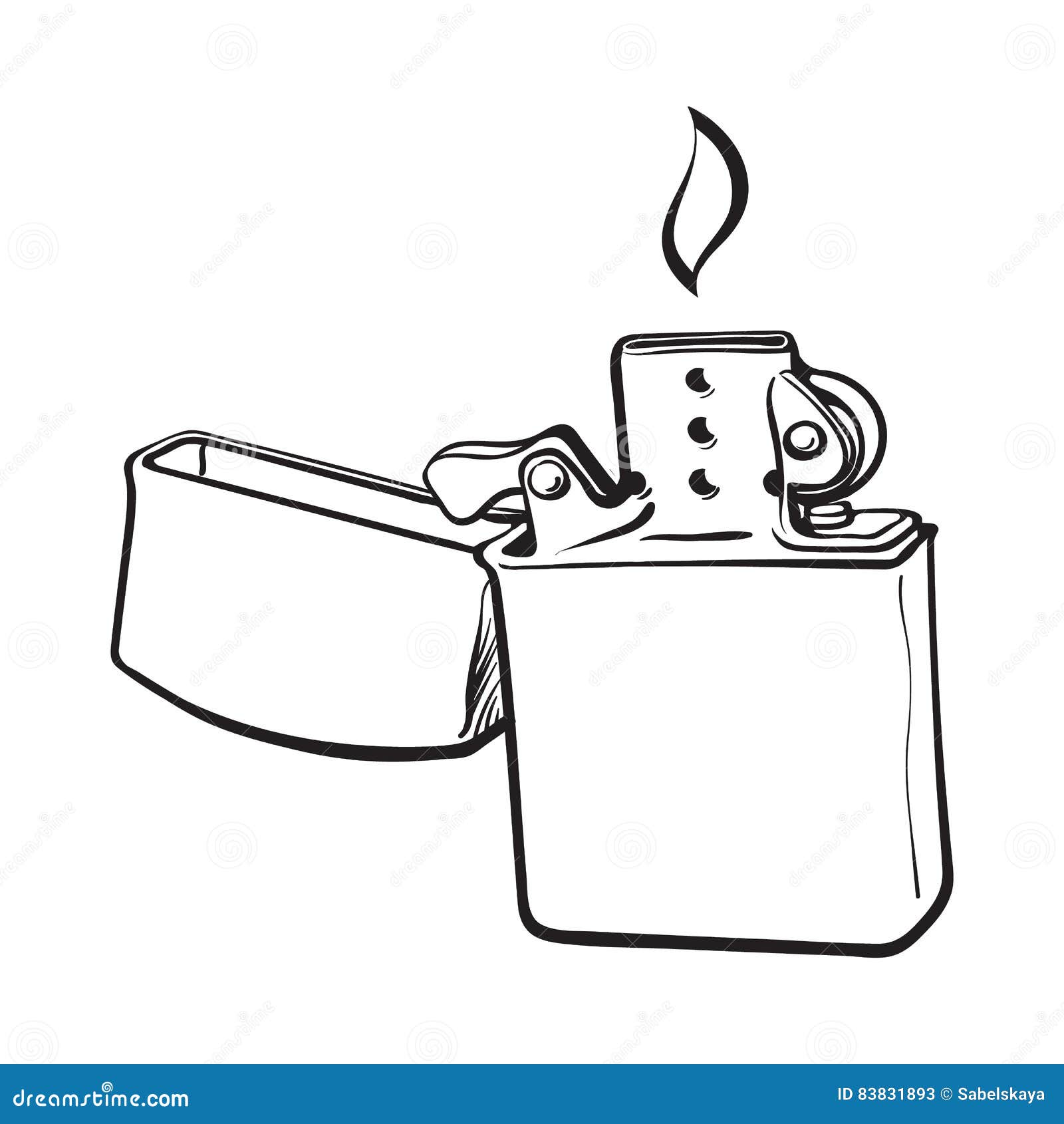 Silver Metal Windproof Lighter with Flame, Sketch Vector Illustration