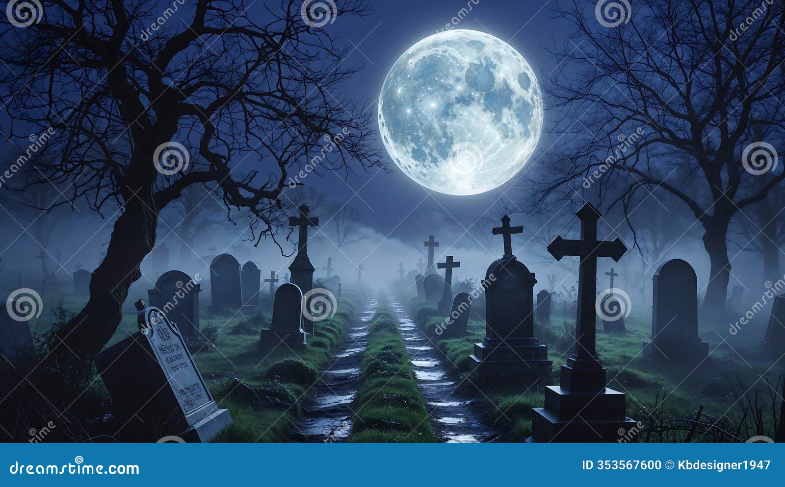 silver moonlit graveyard with mystical atmosphere