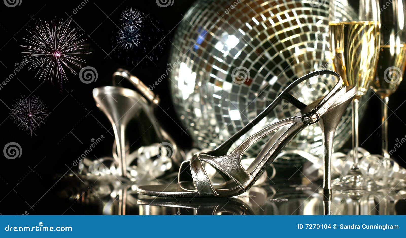 Silver Party Shoes With Champagne Glasses Stock Photo 