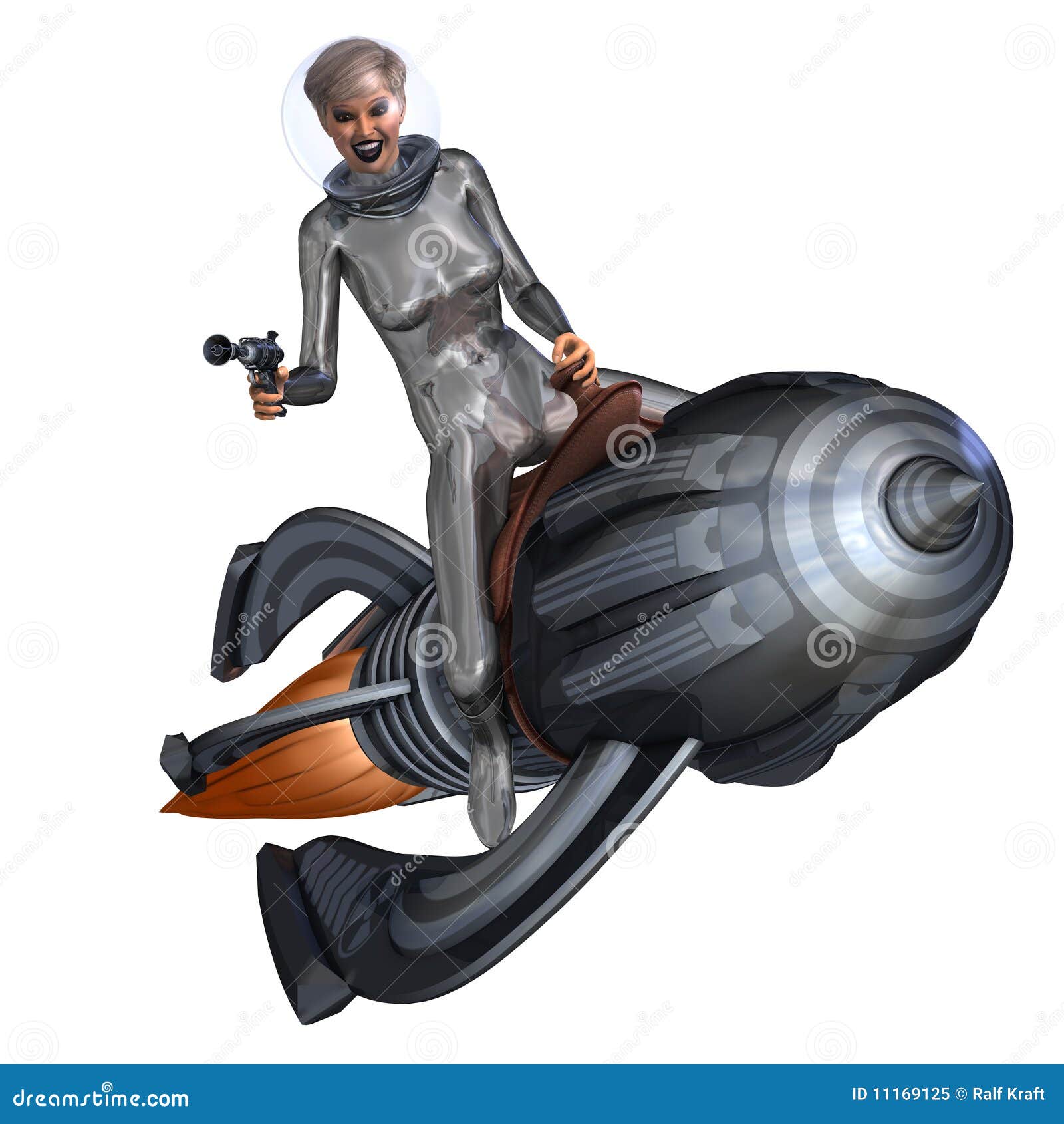 Silver Pinup Girl Riding on a Retro Rocket Stock Illustration