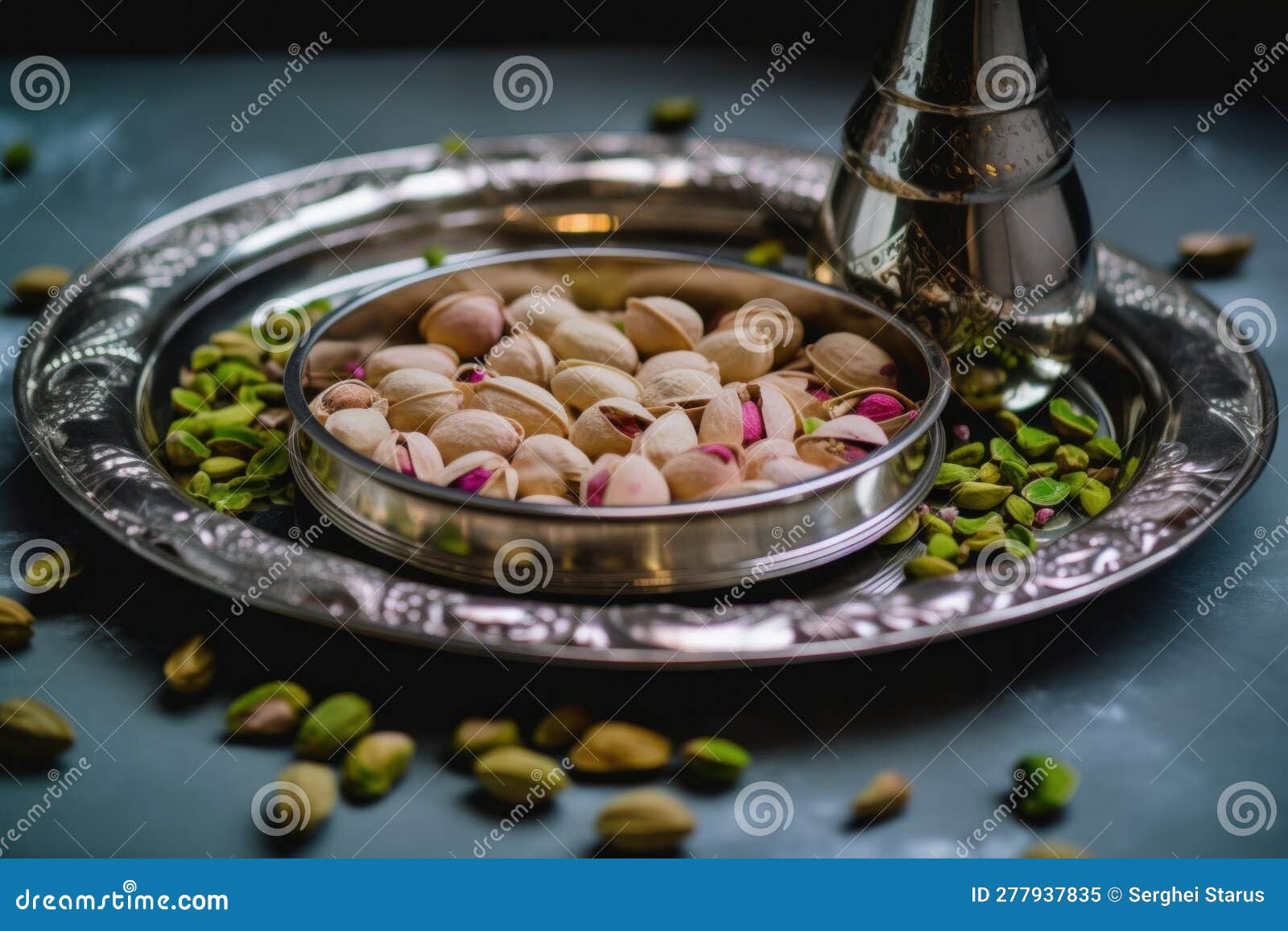 a silver plate with pistas and nuts on it. generative ai image.