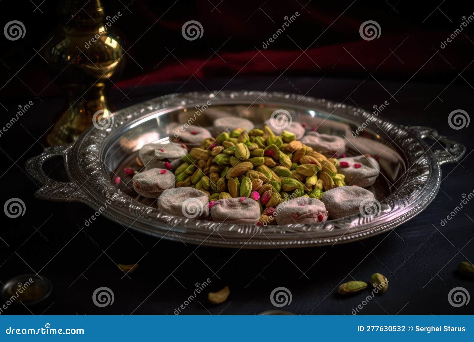 a silver platter filled with nuts and pistas. generative ai image.
