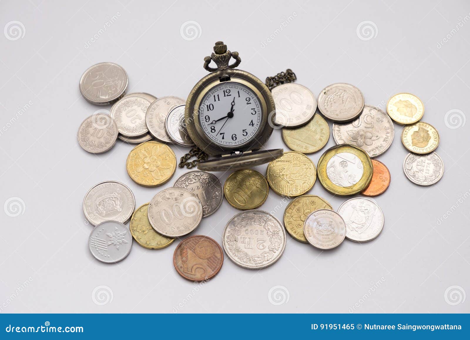silver pocket watch putting on various sizes coin stack with white background,this image for money saving and retro concept