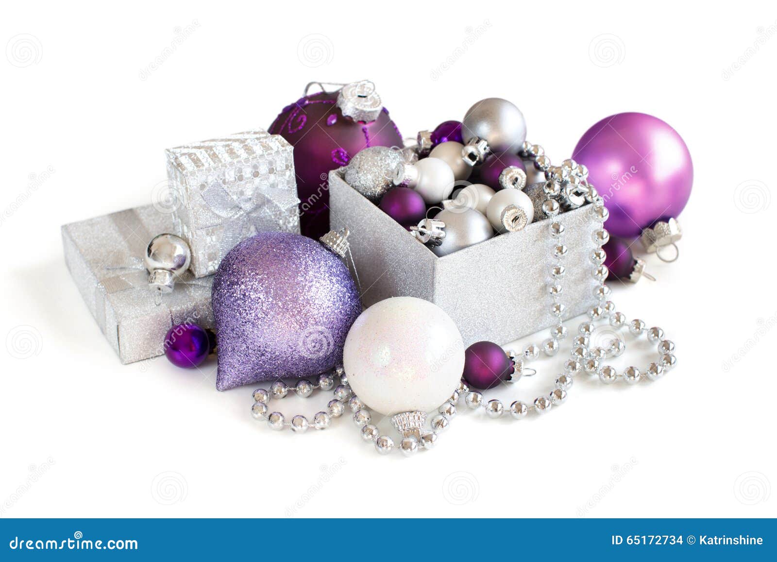 Silver and Purple Christmas Ornaments in Gift Box Stock Photo Image