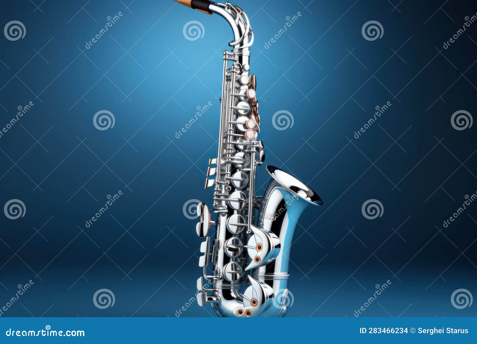 A Silver Saxophone on a Blue Background. Generative AI Image. Stock