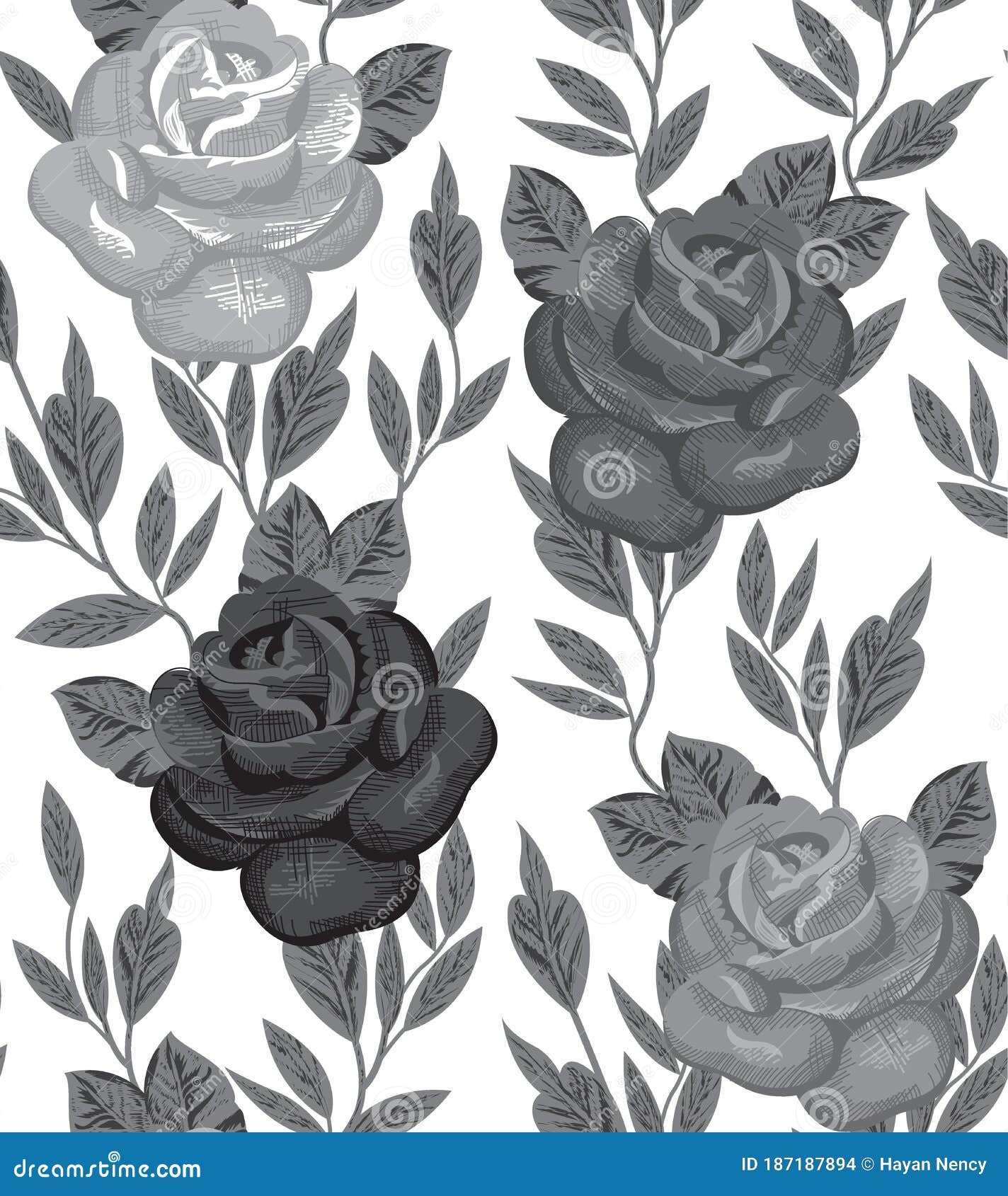 Seamless Black and White Rose Flower Pattern on White Stock