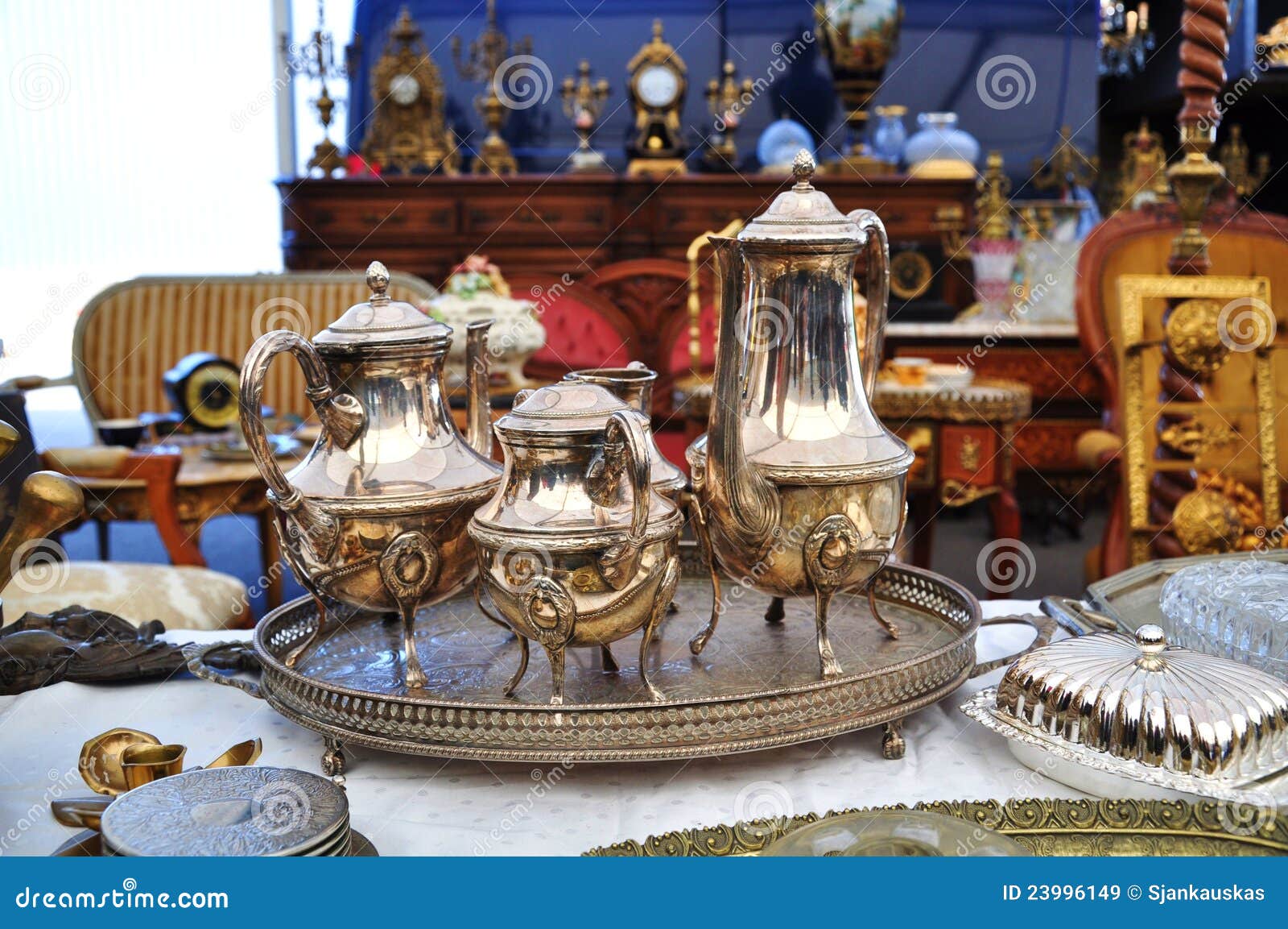Silver set in flea market stock image. Image of fashioned 23996149