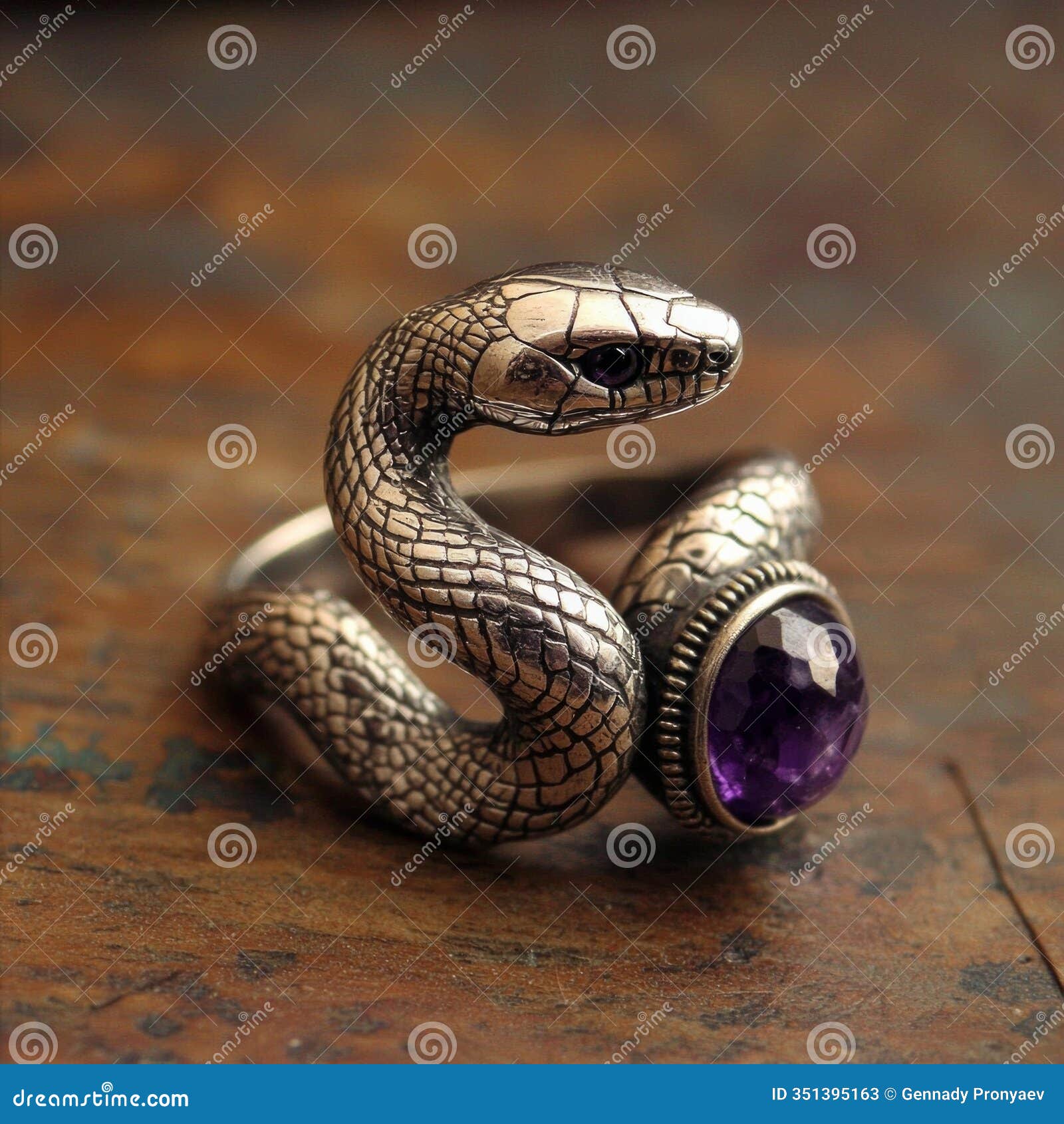 silver snake ring with amethyst gemstone on rustic wooden surface