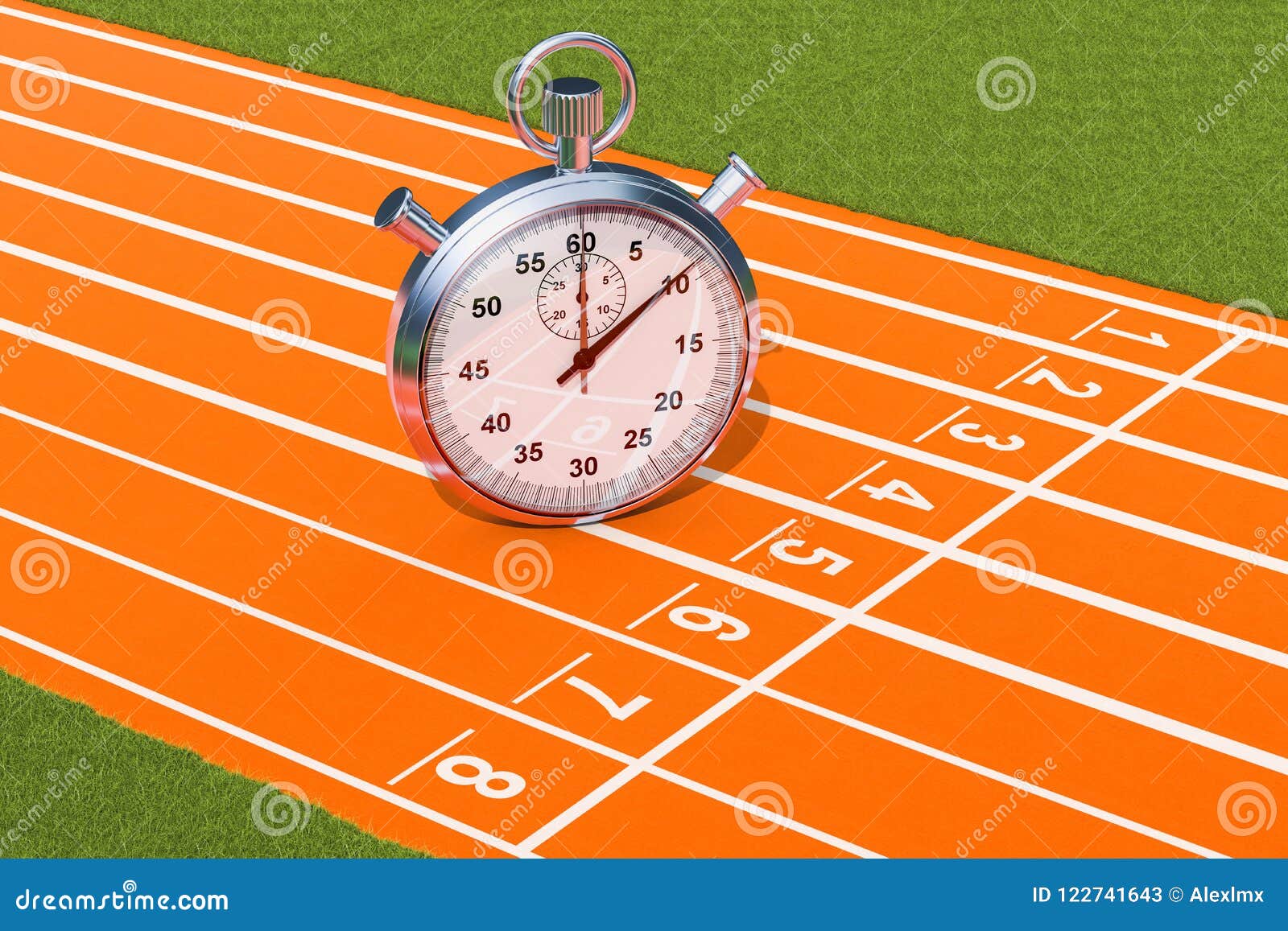 Silver Stopwatch, Chronometer on the Running Track. 3D Rendering Stock