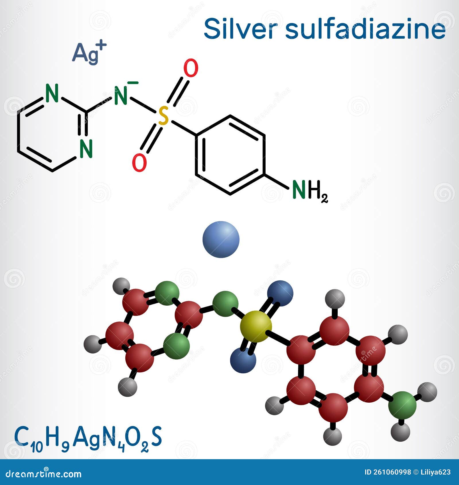 silver sulfadiazine molecule. it is sulfonamide antibiotic. structural chemical formula, molecule model.