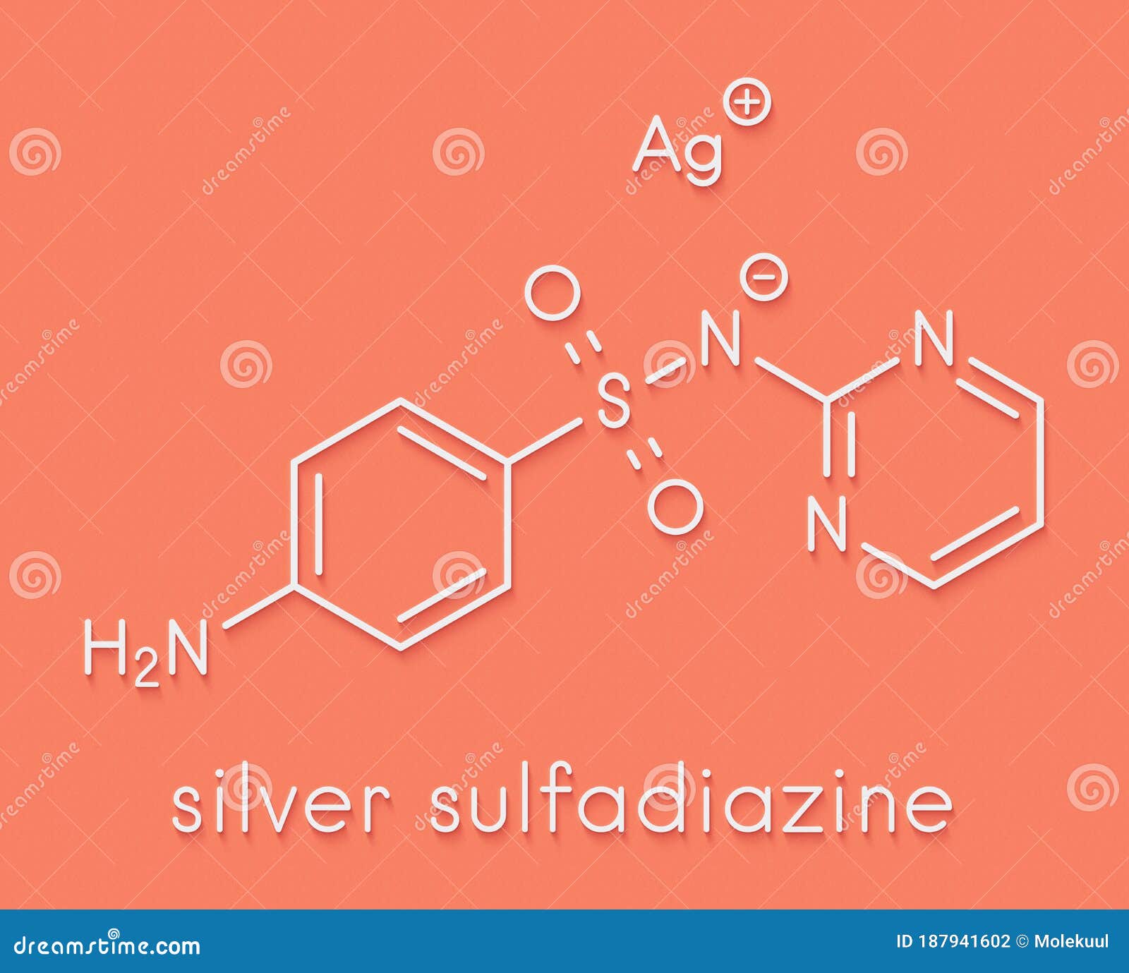 silver sulfadiazine topical antibacterial drug molecule. used in treatment of wounds and burns. skeletal formula.