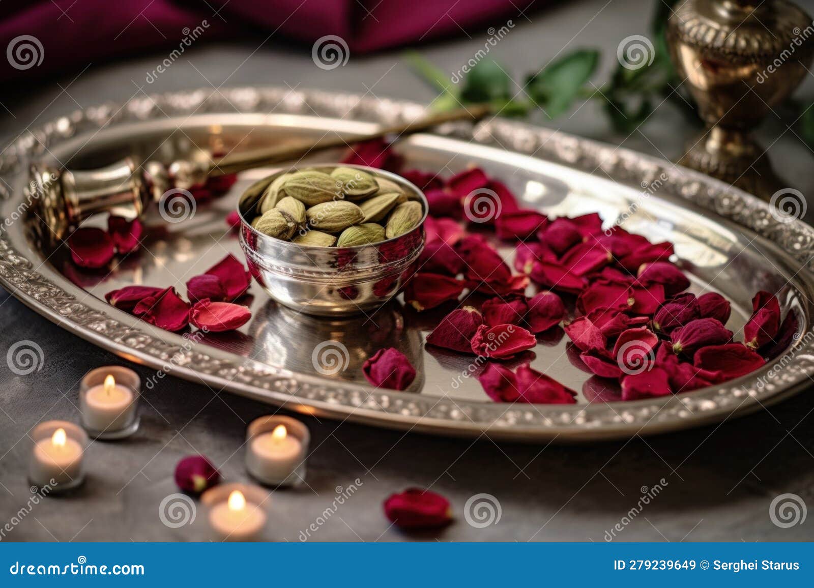 a silver tray with a bowl of pistas and candles. generative ai image.