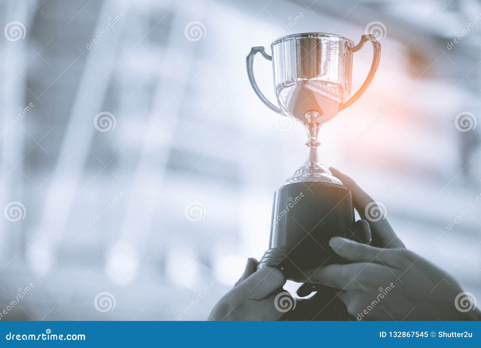 silver trophy with city background. success and achievement concept. sport and cup award theme.