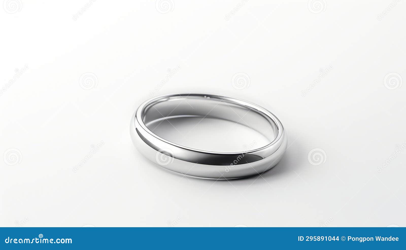 silver wedding band on white background the ring is a plain, polished band that reflects light. the ring is slightly
