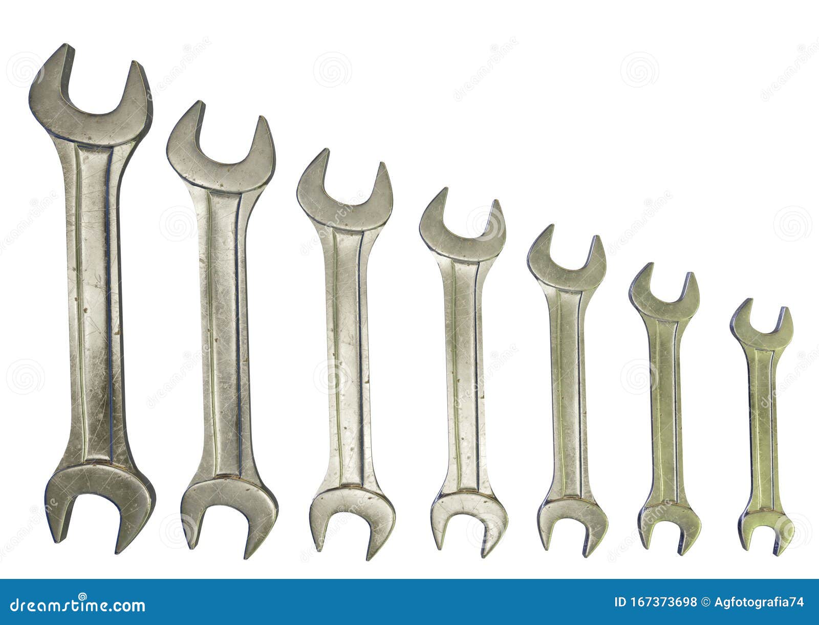 Silver Wrench Set on White Background. Mechanical Hand Tools