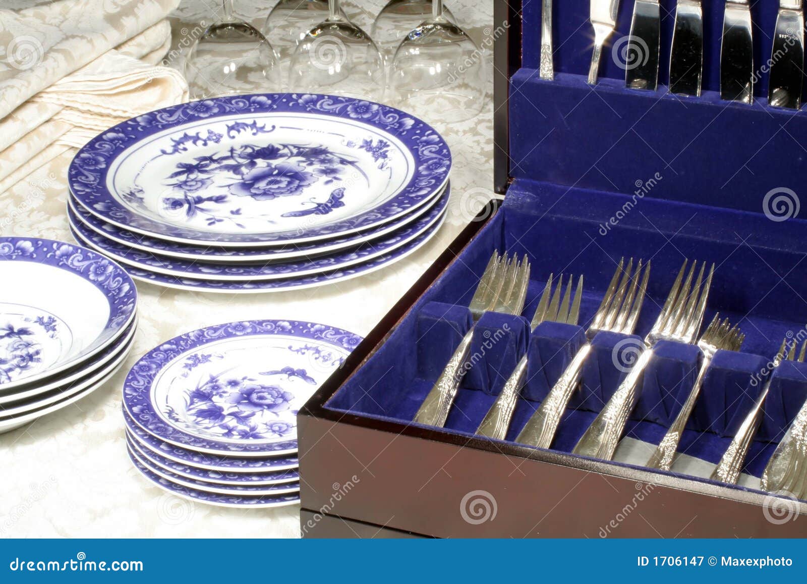 silverware, dishes & wine glasses