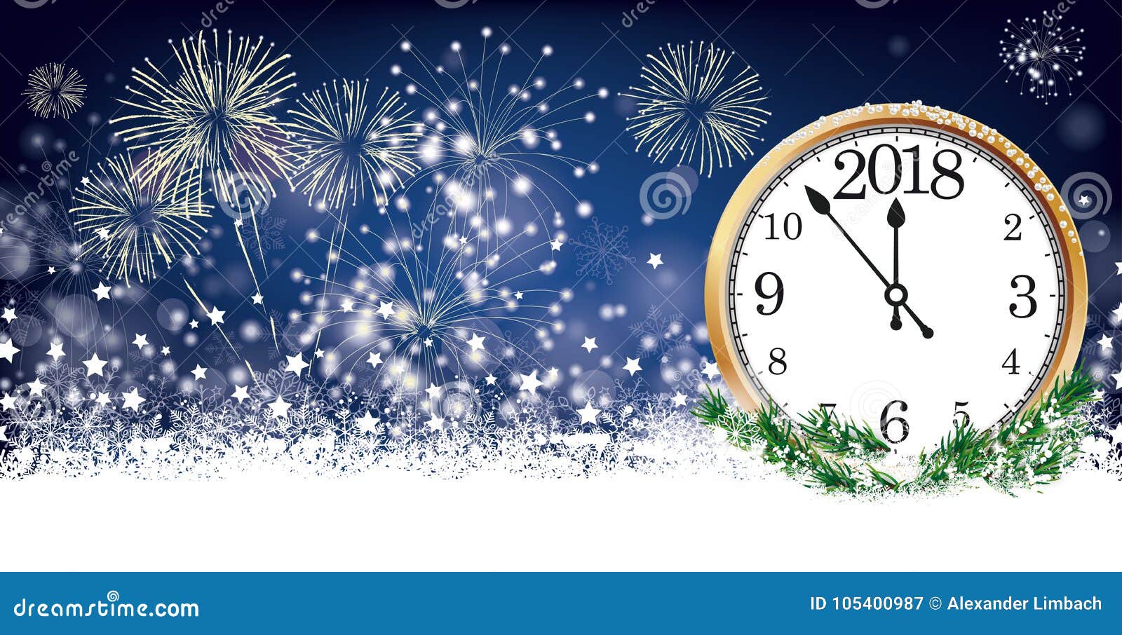 Silvester Card Clock-Titel-Schneeflocken-Stern-Feuerwerke 2018 Vektor ...