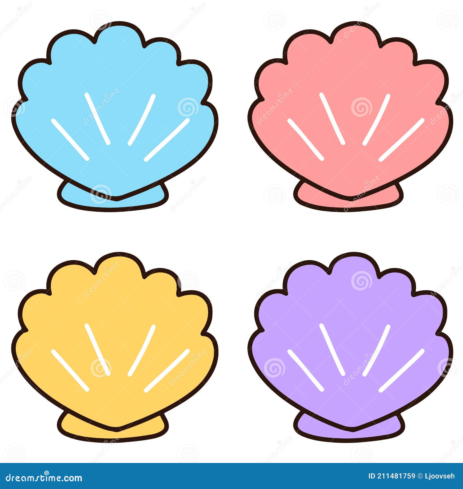 Simple and Adorable Pastel Colored Seashells with Outlines Stock Vector ...