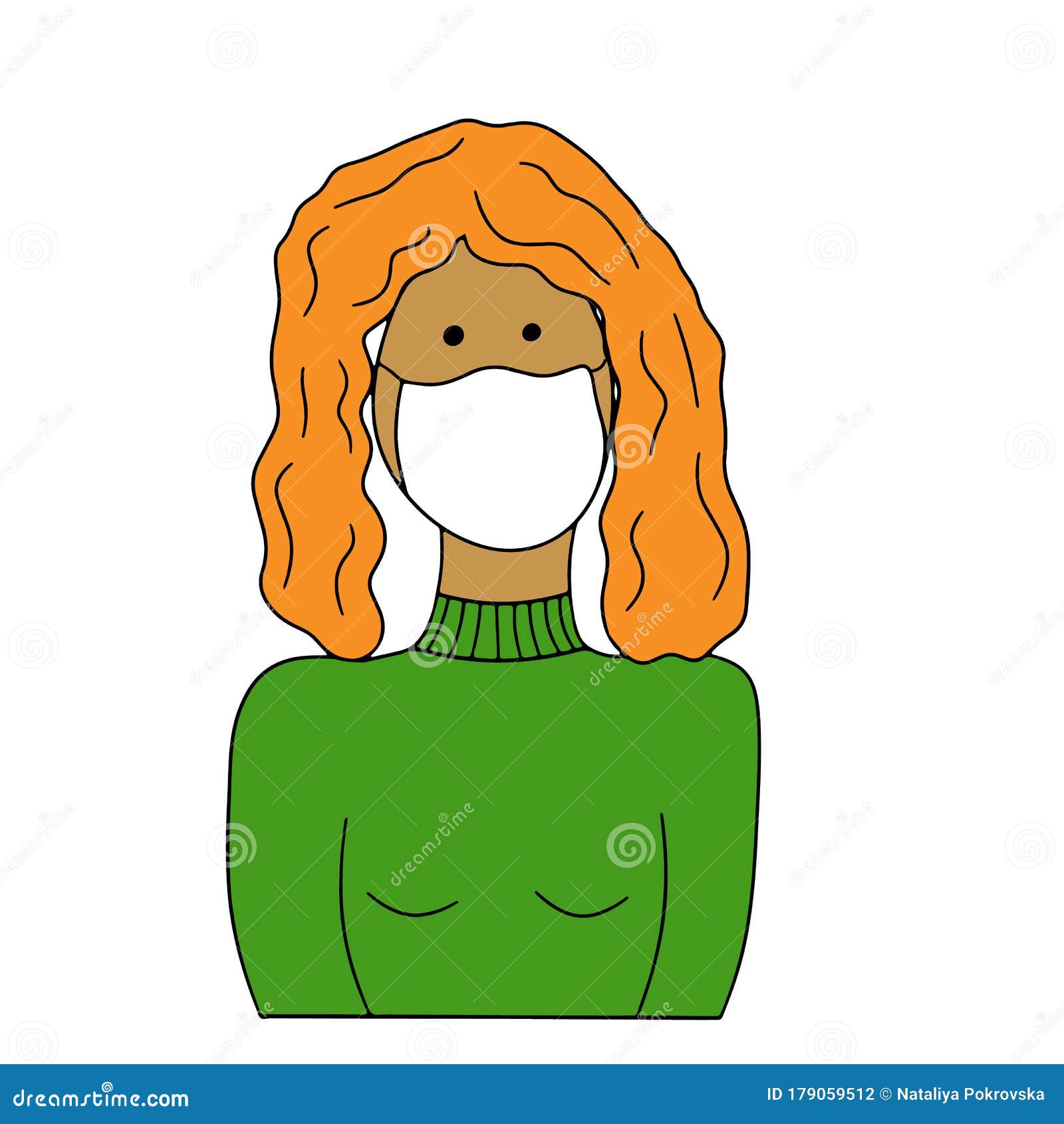 Simple African Woman in Green Turtleneck Outline in Medical Mask ...