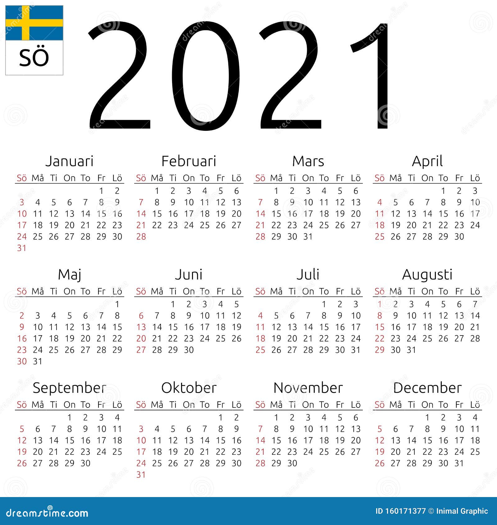 Calendar 2021 Swedish Sunday Stock Vector Illustration Of Latin