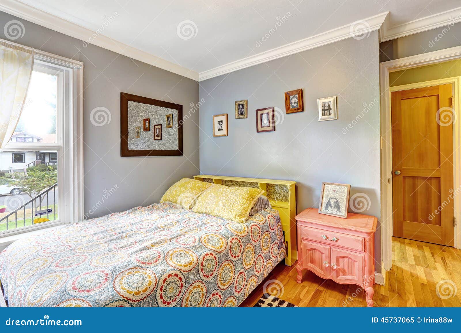 Simple Bedroom With Light Blue Walls Stock Image Image Of