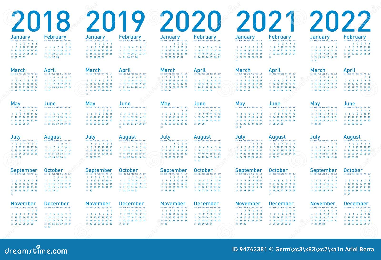 Simple Blue Calendar for Years 2018, 2019, 2020, 2021 and 2022 Stock ...
