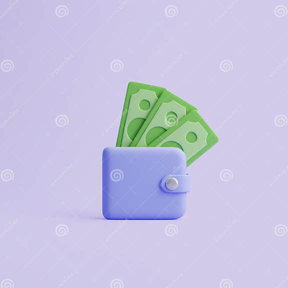 Simple Blue Wallet Icon with Green Dollar Banknotes on Pastel Violet Background Stock