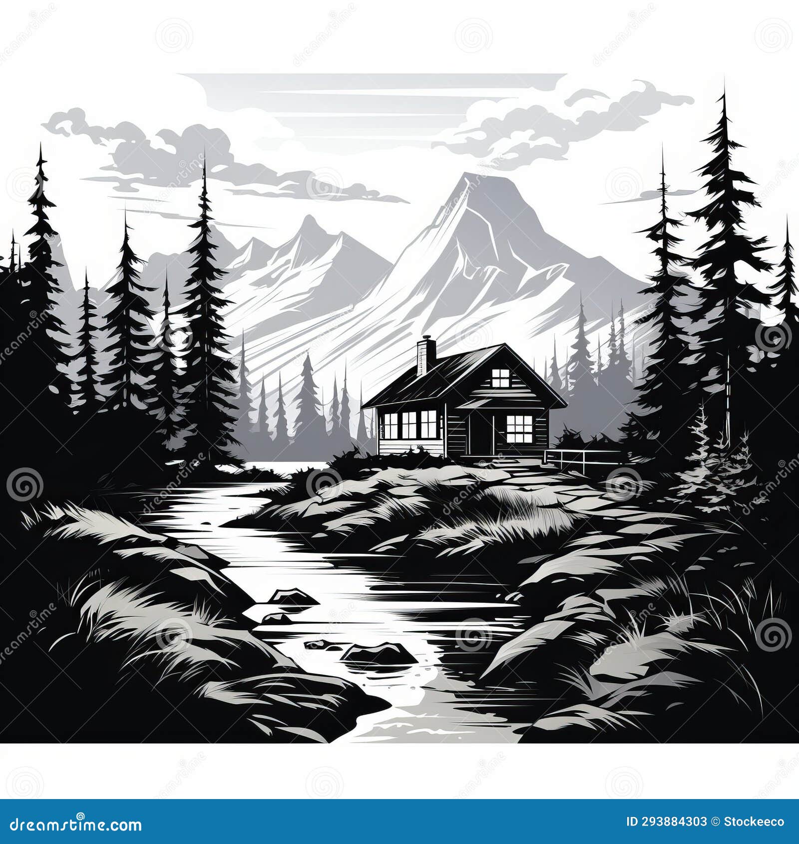 simple cabin: classic black and white  of mountains and stream