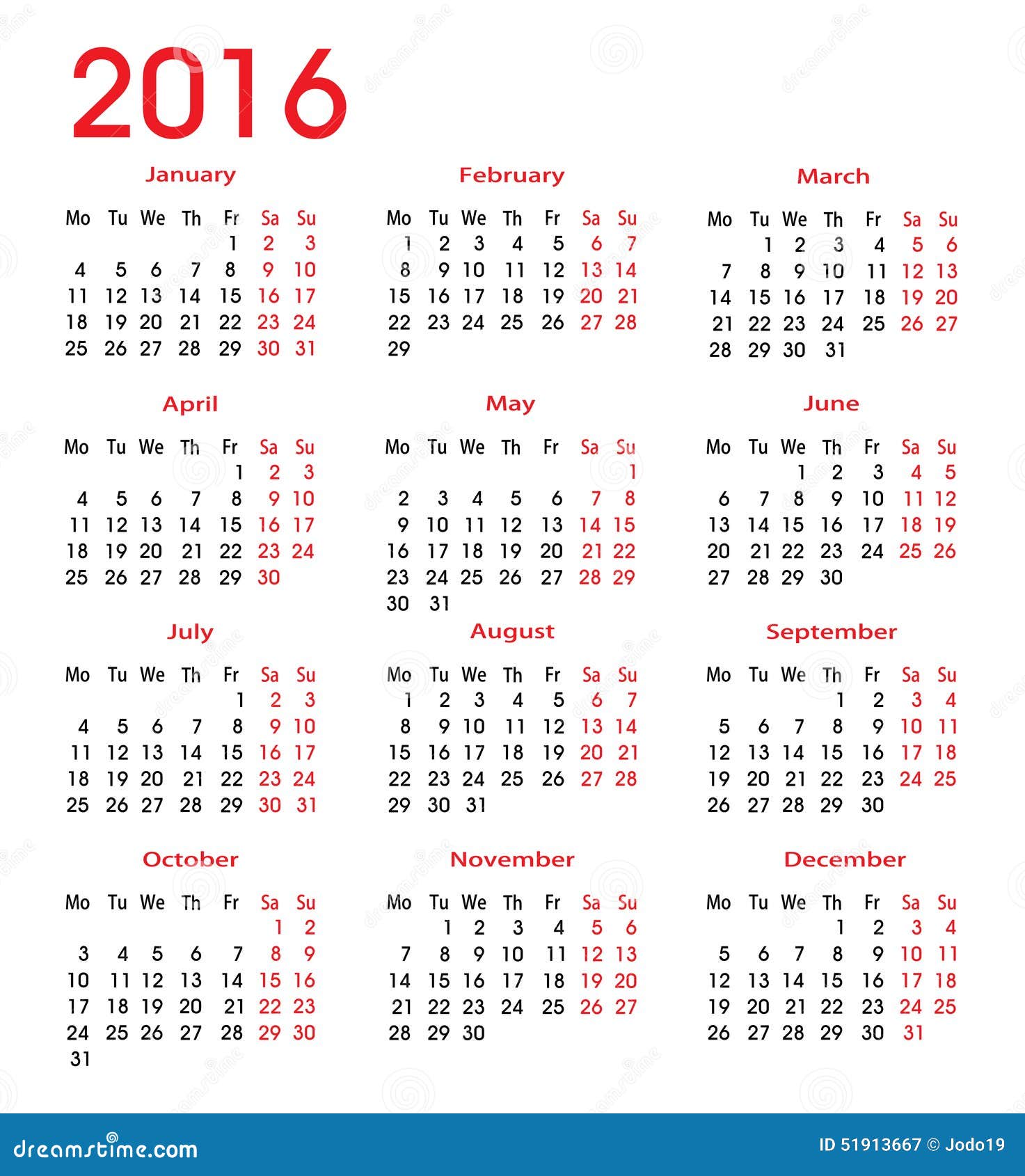 Heb geleerd voormalig Slordig Simple calendar 2016 stock vector. Illustration of simple - 51913667