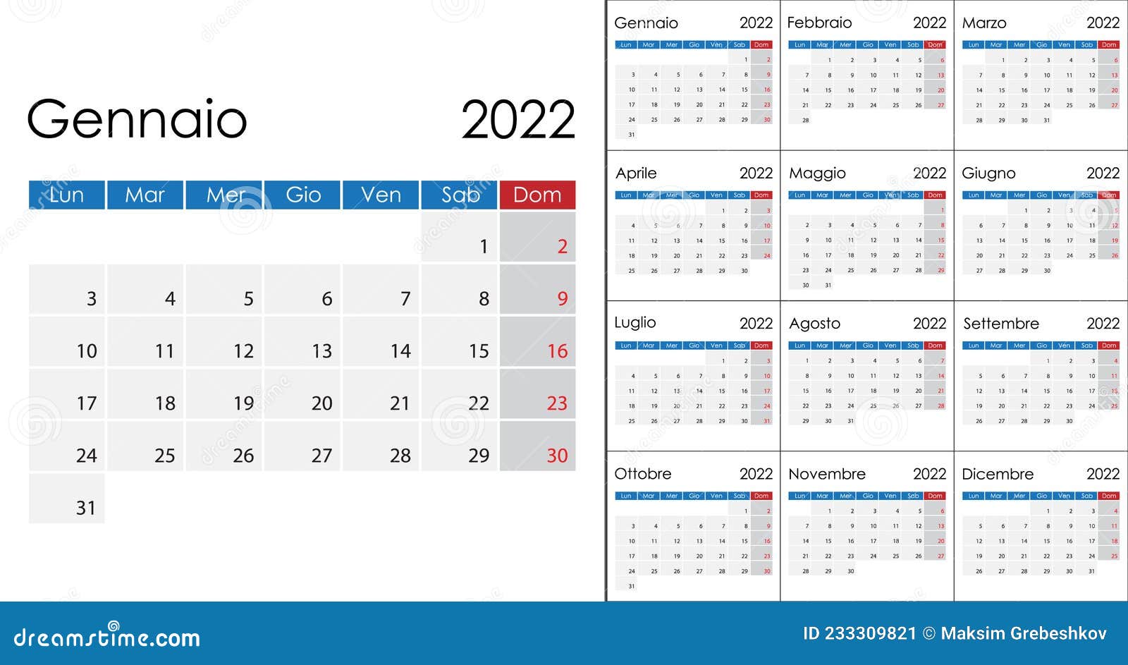 Simple Calendar 2022 on Italian Language, Week Start on Monday. Stock